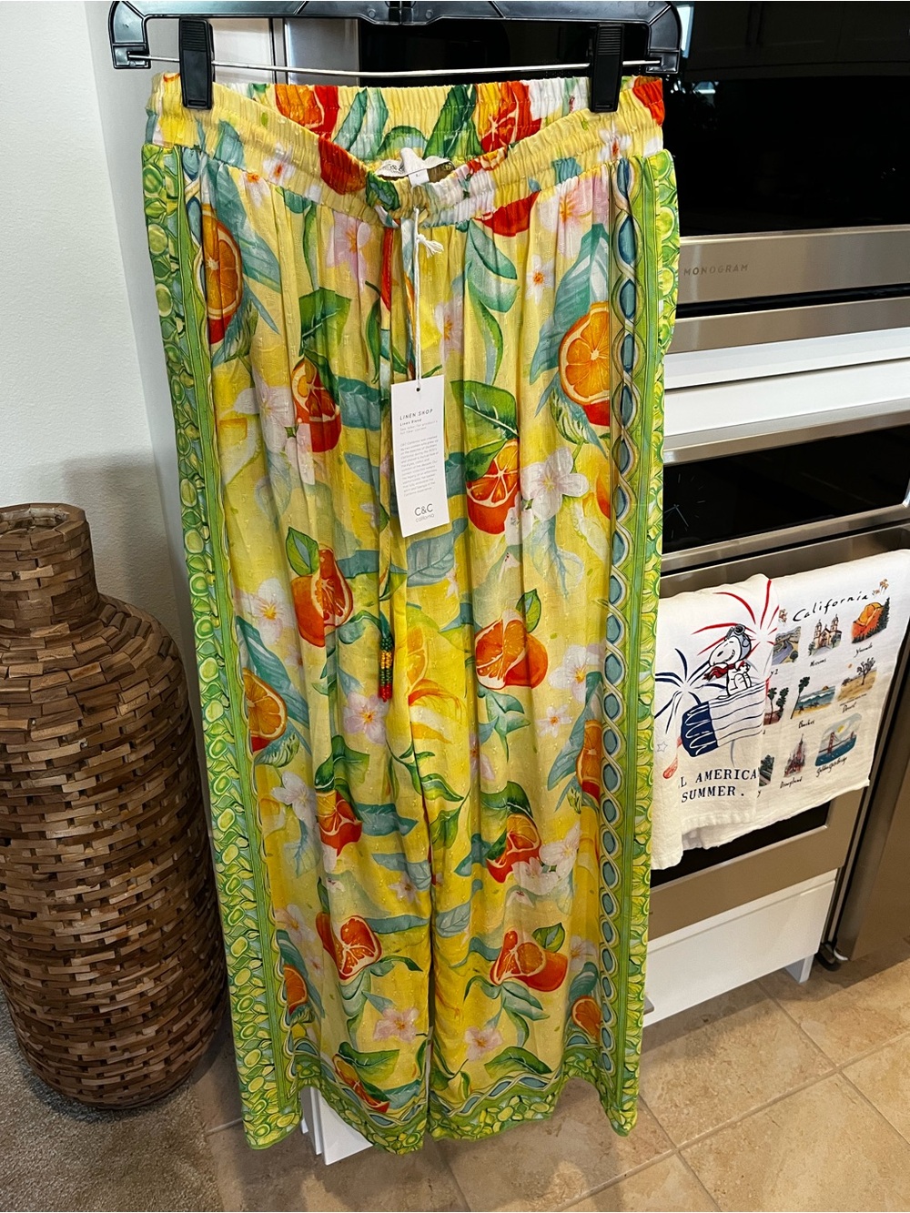 C&C California Yellow Citrus Print Wide-Leg Cruise-wear Linen blend Pants NWT